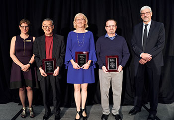L to R: Dr. Michelle Warren, AMA President, 2021-22 with 2022 AMA Long-Service Award recipients Dr. Dennis Kunimoto, Dr. Monica Hill and Dr. Stephen Cassar, and AMA Executive Director, Michael Gormley
