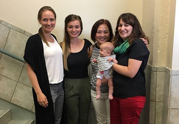 Members of the ELiHP “Raising Awareness of Pelvic Floor Disorders” project team – from left to right: Victoria Elliot, Sarah Kent, Lydia Yip (Organizational Lead, MCHB), and Dr. Annick Poirier (with baby Maya)